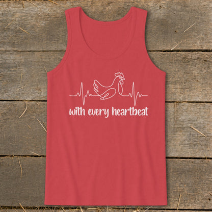 Red tank top with white chicken heartbeat graphic and text.