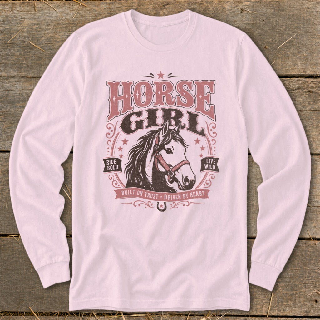 Long sleeve shirt with "Horse Girl" text and a horse graphic.