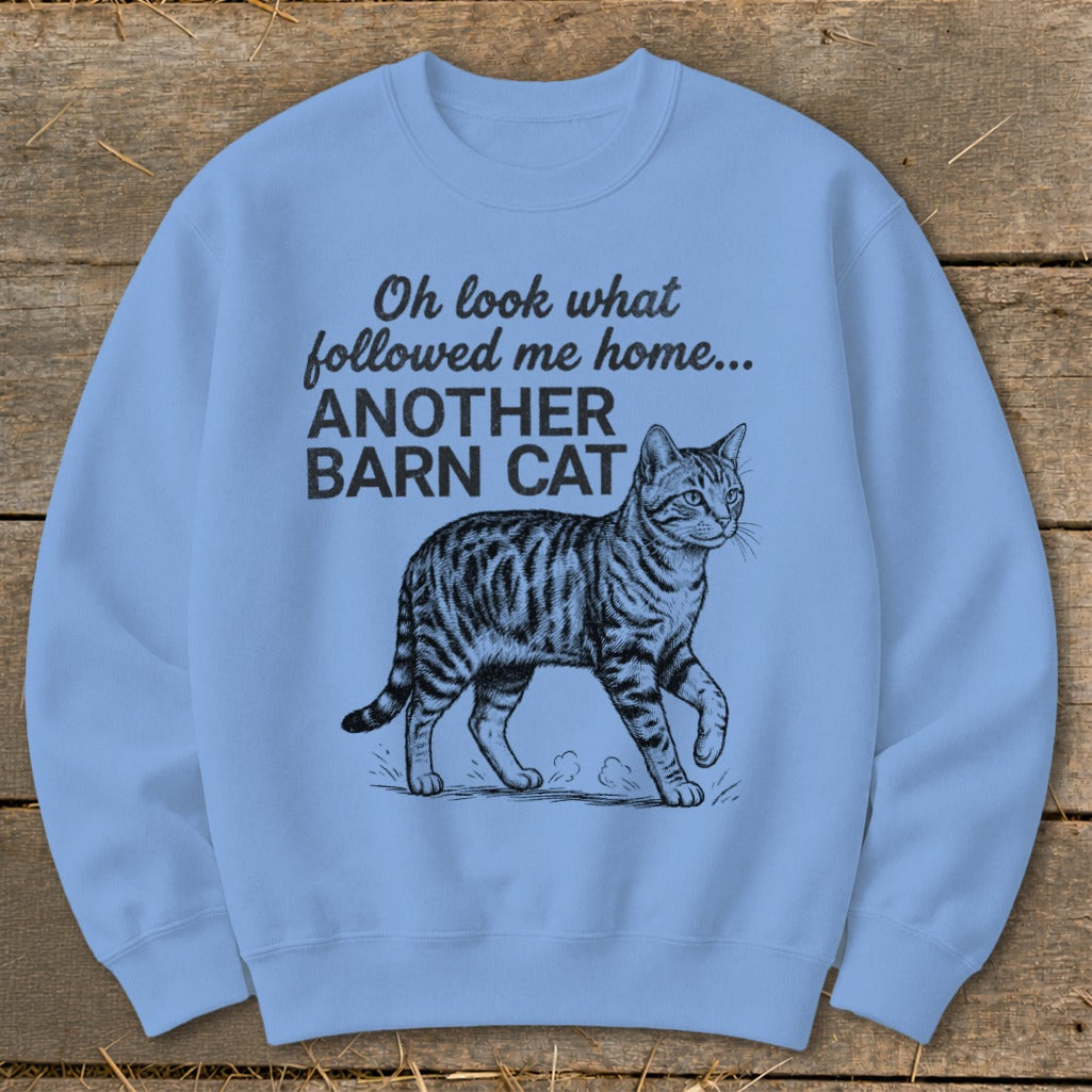 Light blue sweatshirt with black text and a drawing of a tabby cat.