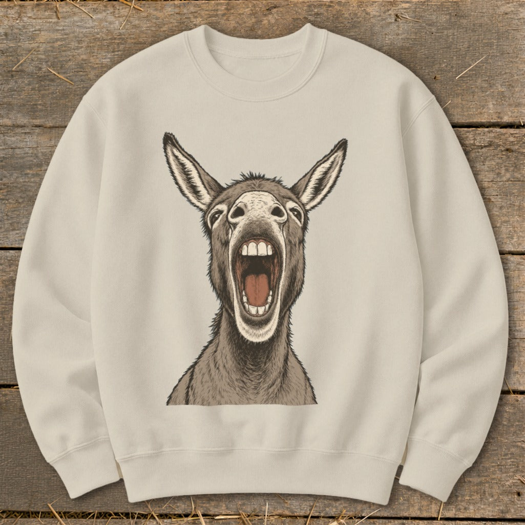Cream sweatshirt with a detailed drawing of a donkey with its mouth wide open.