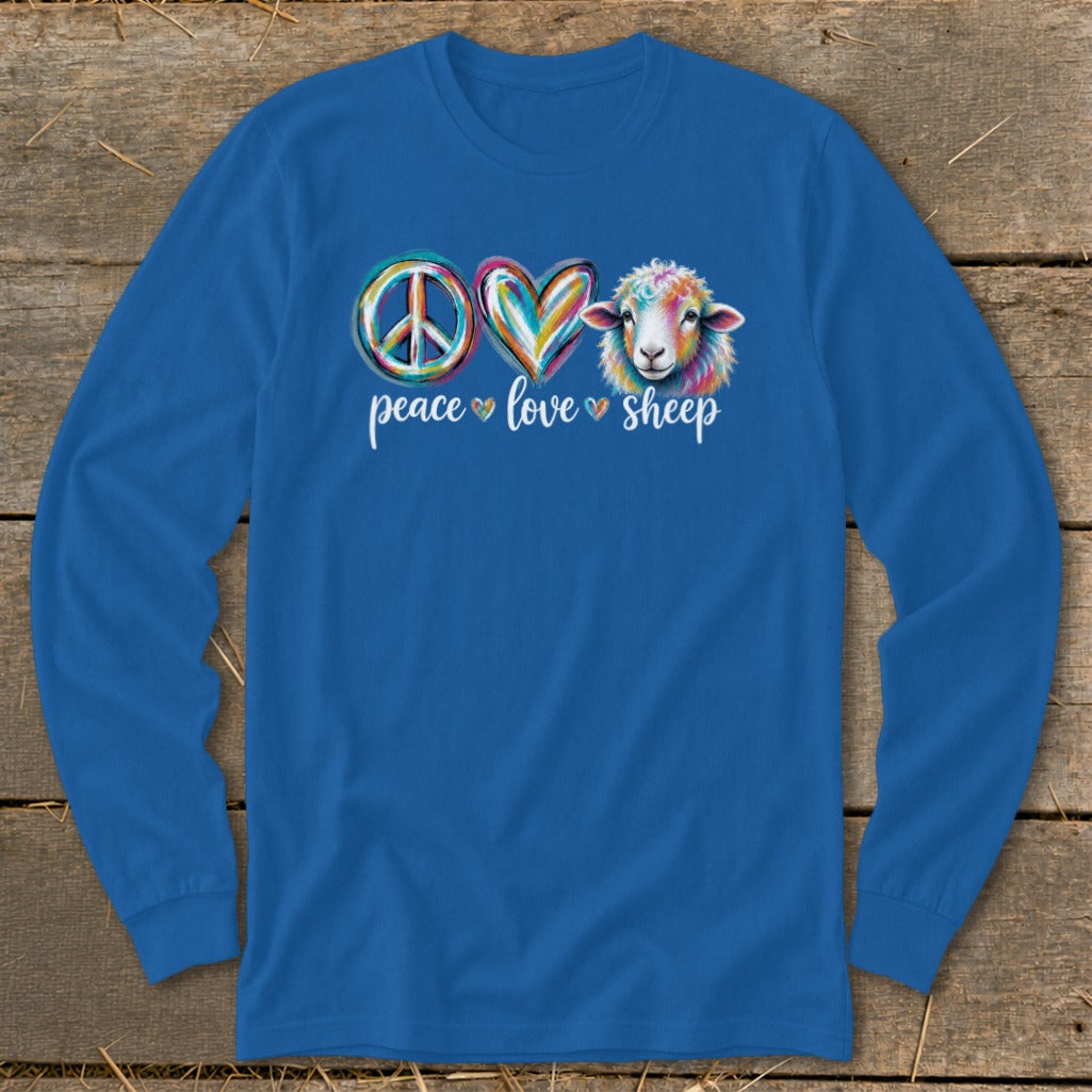 Blue long sleeve shirt with peace, love, and sheep graphic and text.