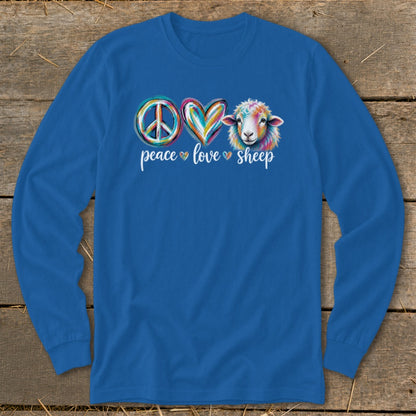 Blue long sleeve shirt with peace, love, and sheep graphic and text.