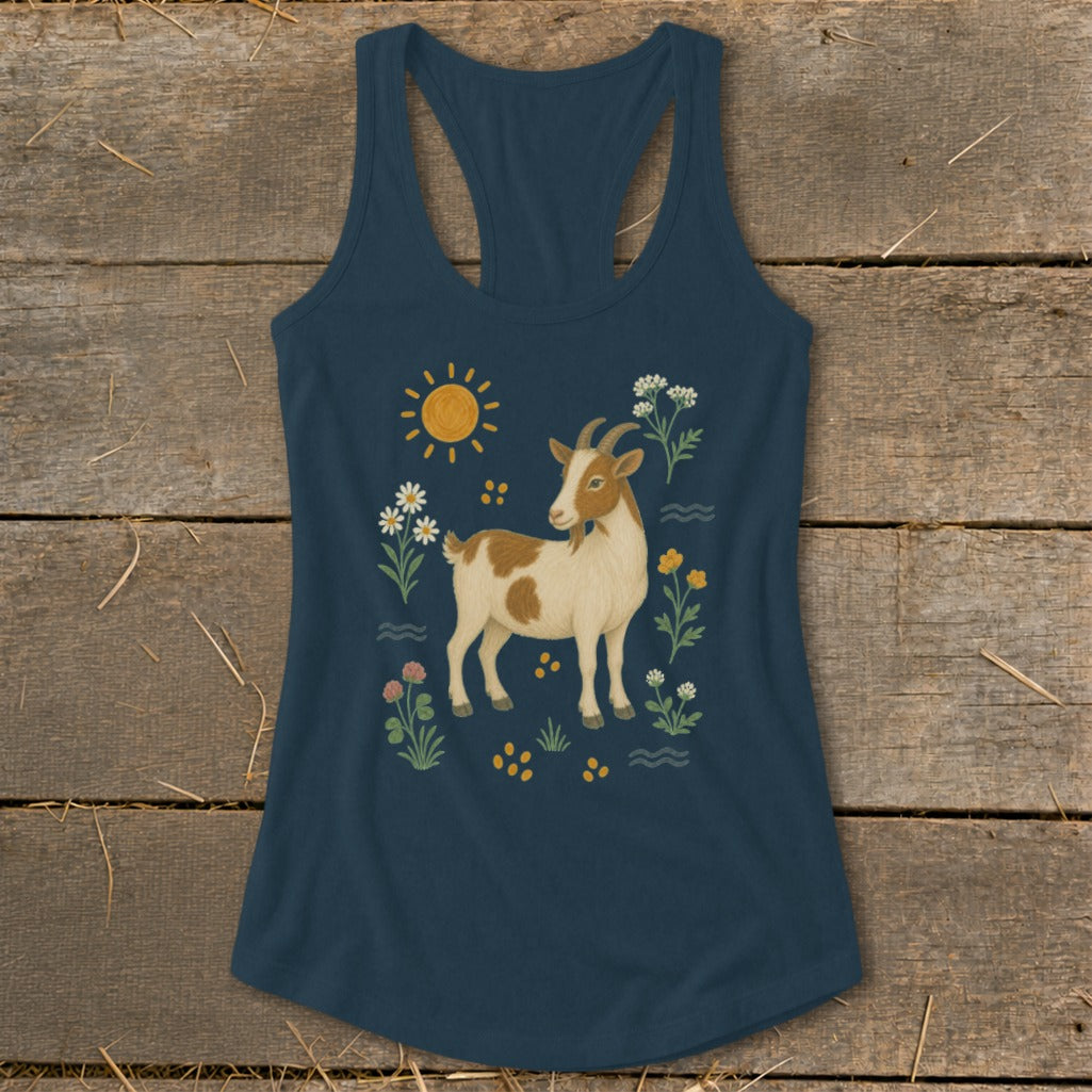 Dark blue tank top with a brown and white goat surrounded by flowers, sun, and waves.
