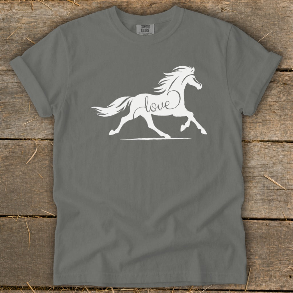 White horse silhouette with "love" in script on a grey t-shirt.