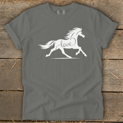 White horse silhouette with "love" in script on a grey t-shirt.
