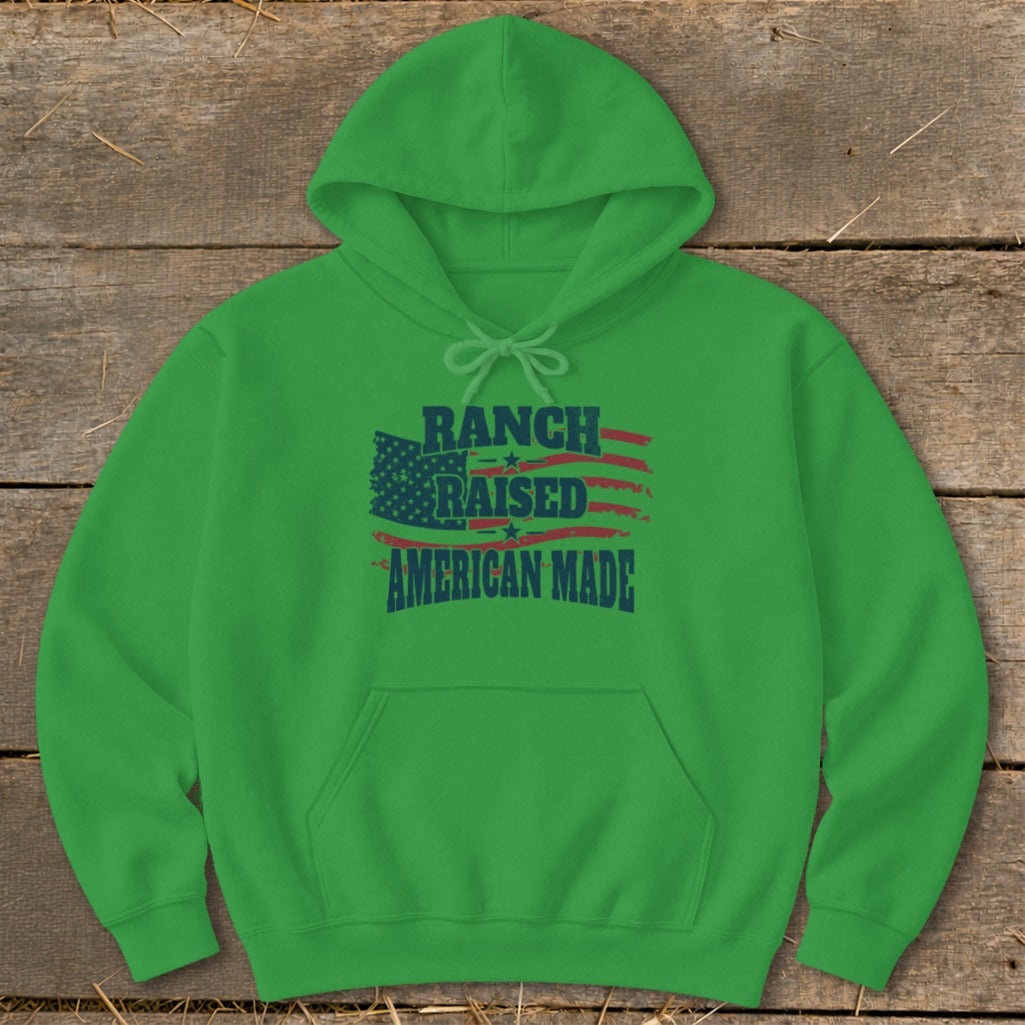 Green hoodie with "Ranch Raised American Made" text and American flag graphic.