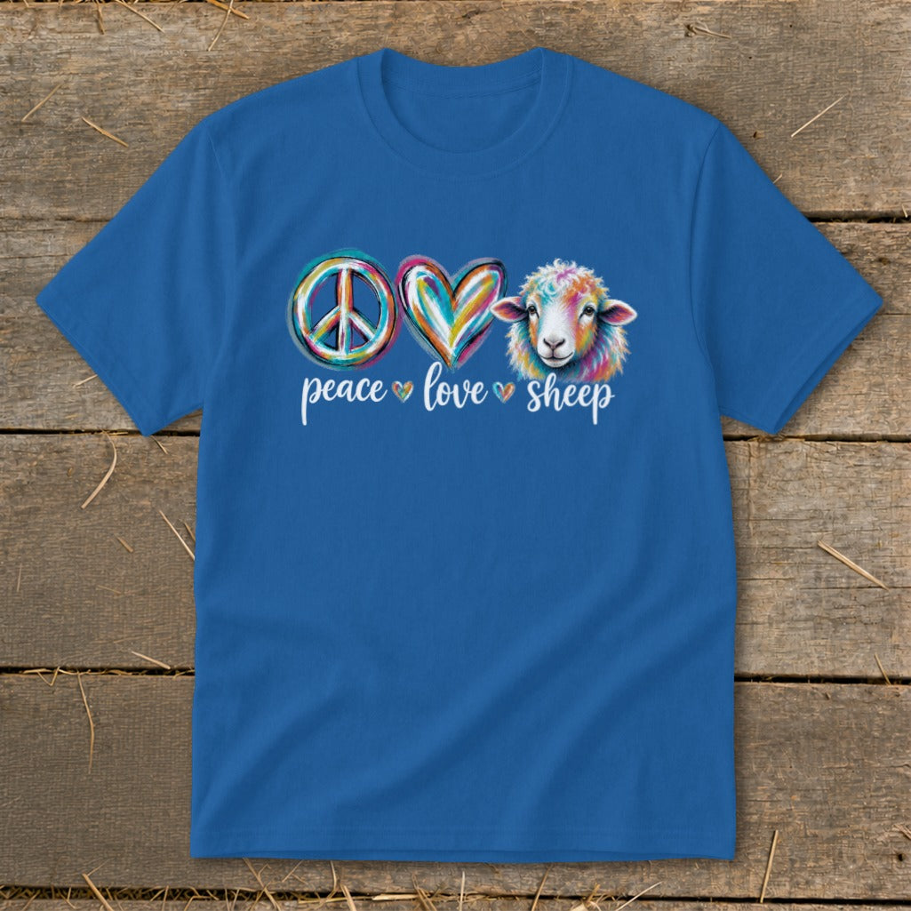 Blue t-shirt with peace, love, sheep graphic and text.