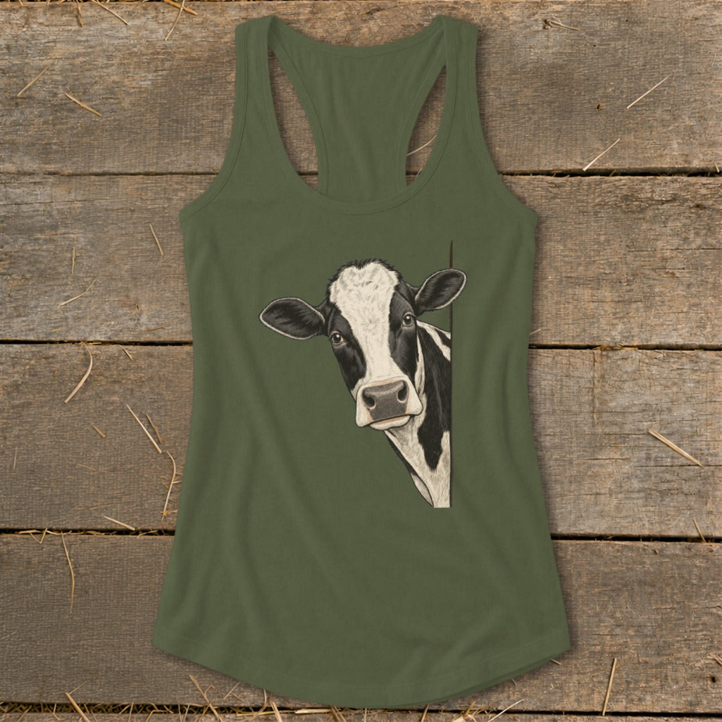 Olive green tank top with a black and white cow peeking from the side.
