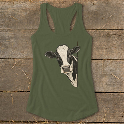 Olive green tank top with a black and white cow peeking from the side.