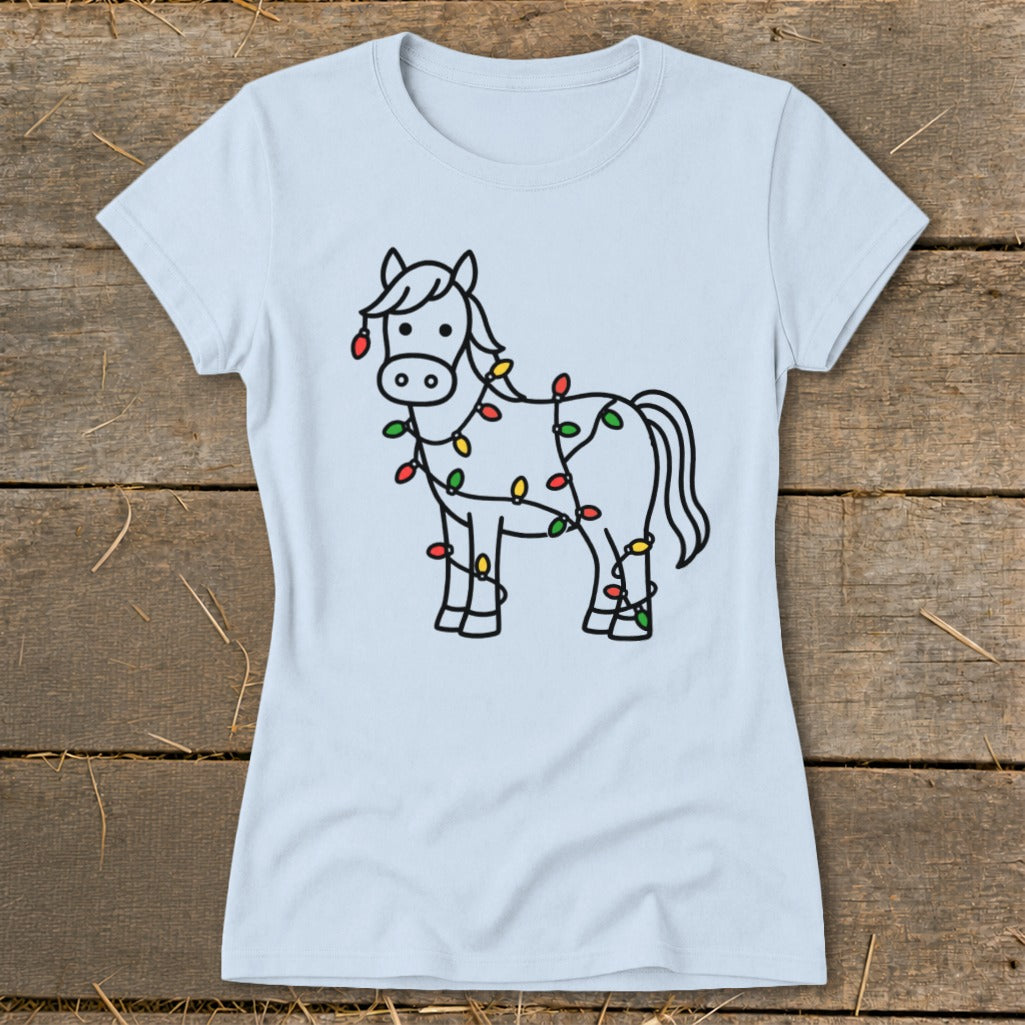 Light blue t-shirt with a line drawing of a horse decorated with Christmas lights.