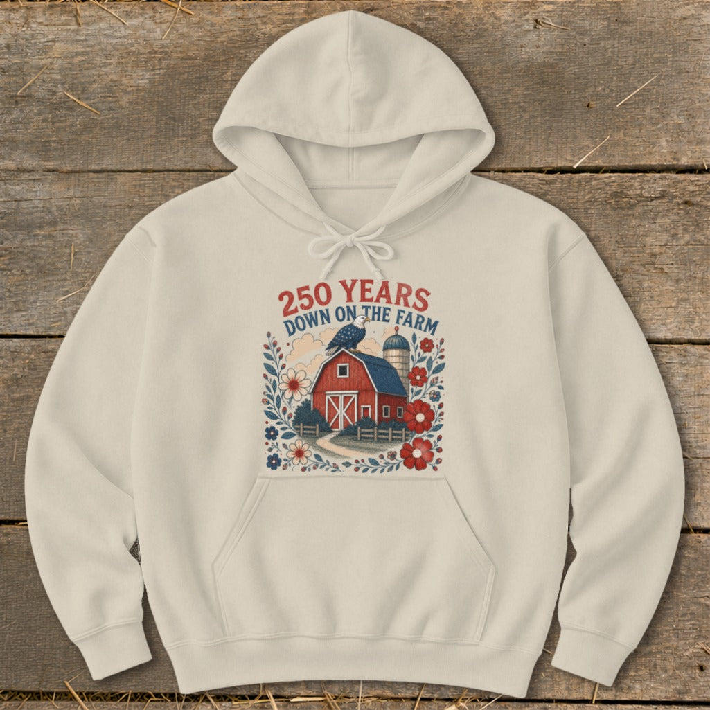 Cream hoodie with a graphic of a red barn and "250 Years Down on the Farm" text.