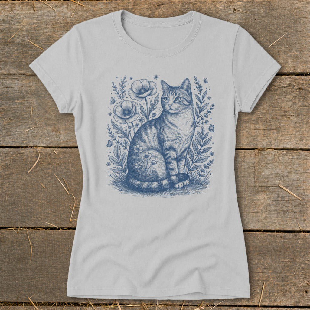 Gray t-shirt with a blue sketch of a tabby cat sitting amongst poppies and foliage.
