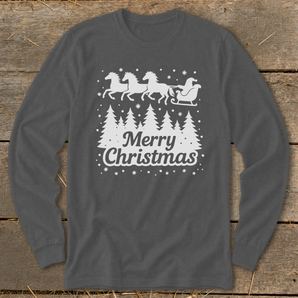 Long-sleeve shirt with white Christmas trees, Santa's sleigh, horses, and "Merry Christmas" text.