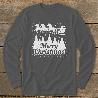 Long-sleeve shirt with white Christmas trees, Santa's sleigh, horses, and "Merry Christmas" text.