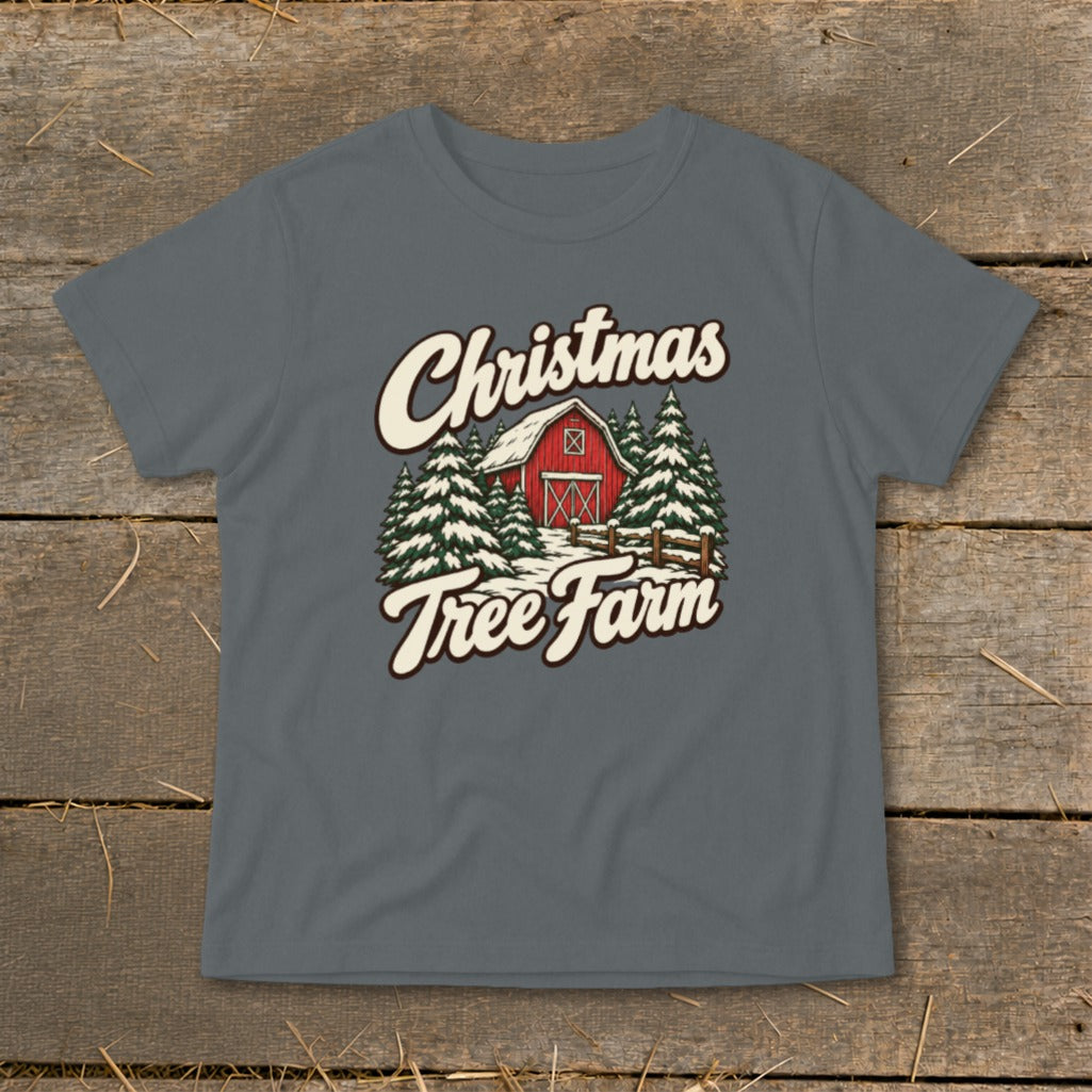Christmas Tree Farm graphic with red barn and snow-covered pine trees.