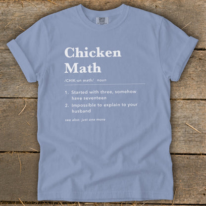 Light blue t-shirt with "Chicken Math" definition and humorous text.