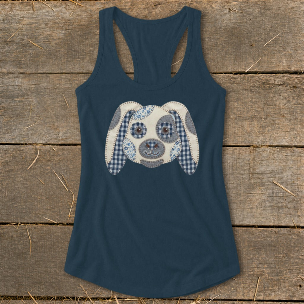 Navy racerback tank top with a fabric applique of a dog's face.
