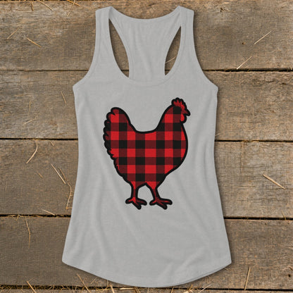 Gray tank top with a black-outlined chicken graphic in red and black buffalo plaid.