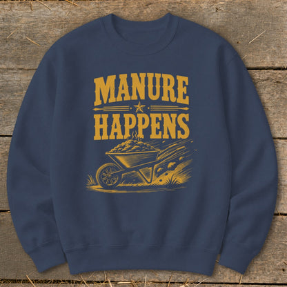 Navy sweatshirt with yellow text and graphic of a wheelbarrow filled with manure.