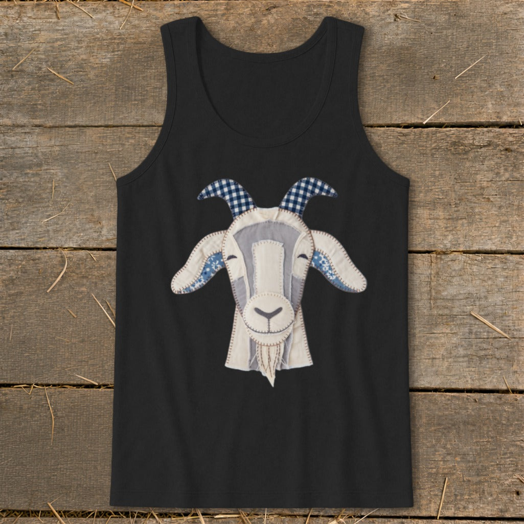 Black tank top featuring a quilted goat face applique with blue plaid horns.