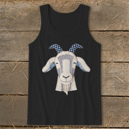Black tank top featuring a quilted goat face applique with blue plaid horns.