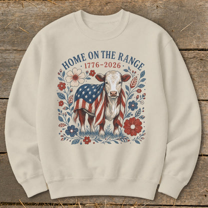 Cow wearing American flag, surrounded by floral design, text "Home on the Range 1776-2026".