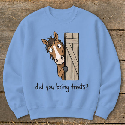 Light blue sweatshirt with cartoon horse peeking from behind a wooden door, asking "did you bring treats?".