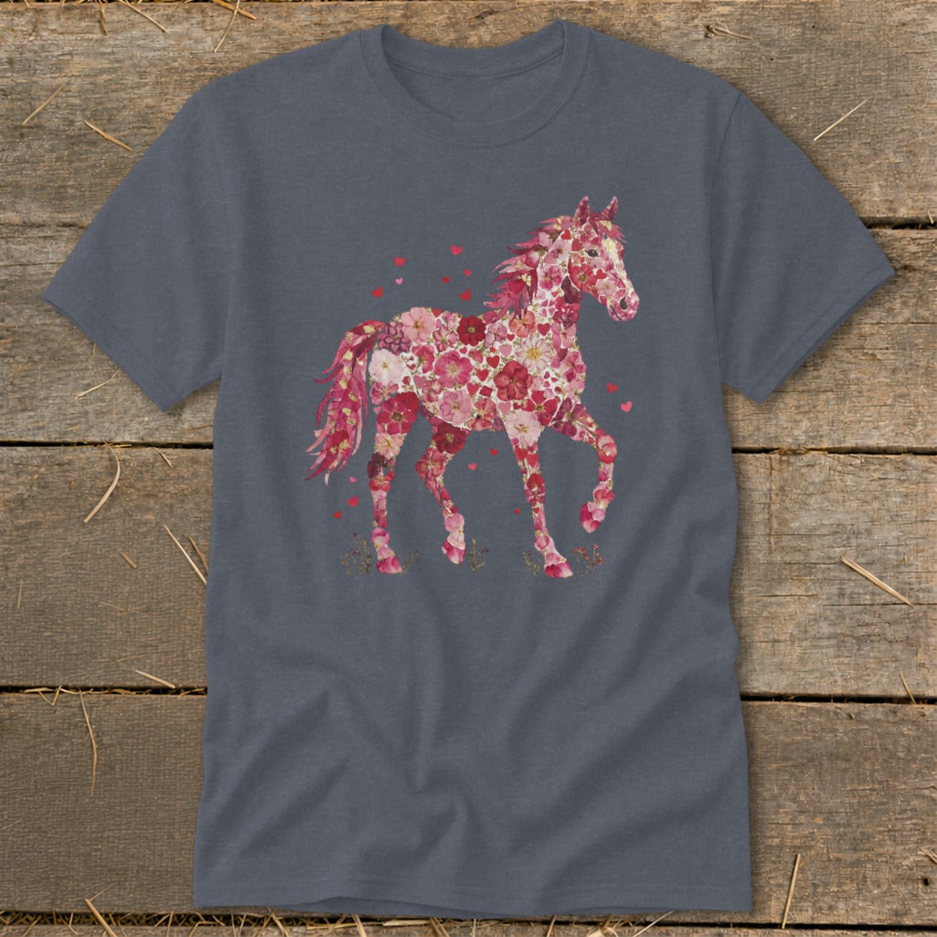 T-shirt with a floral horse design in pinks and reds with small hearts.