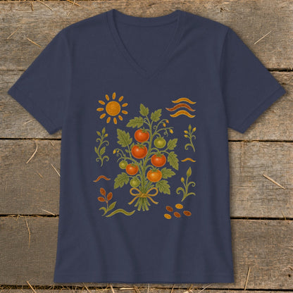 Navy v-neck t-shirt with a colorful tomato plant illustration, sun, and wavy lines.