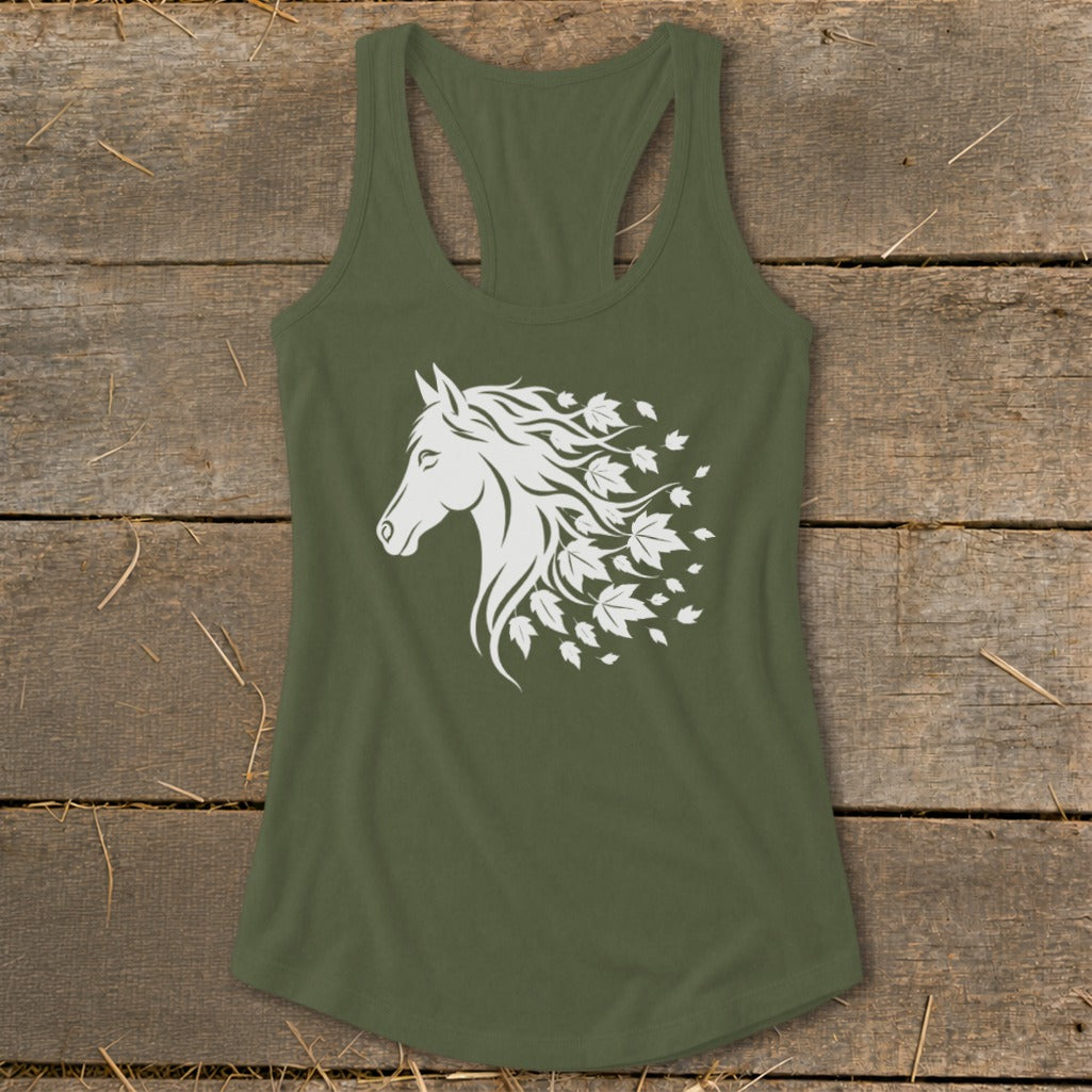 Olive green tank top with a white horse head and falling leaves design.