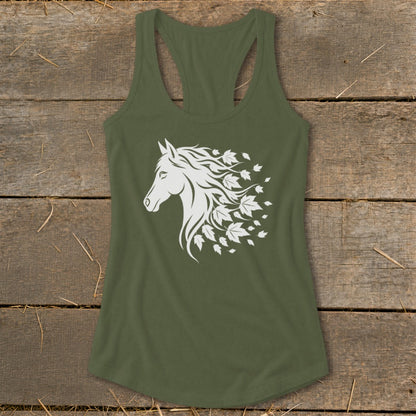 Olive green tank top with a white horse head and falling leaves design.