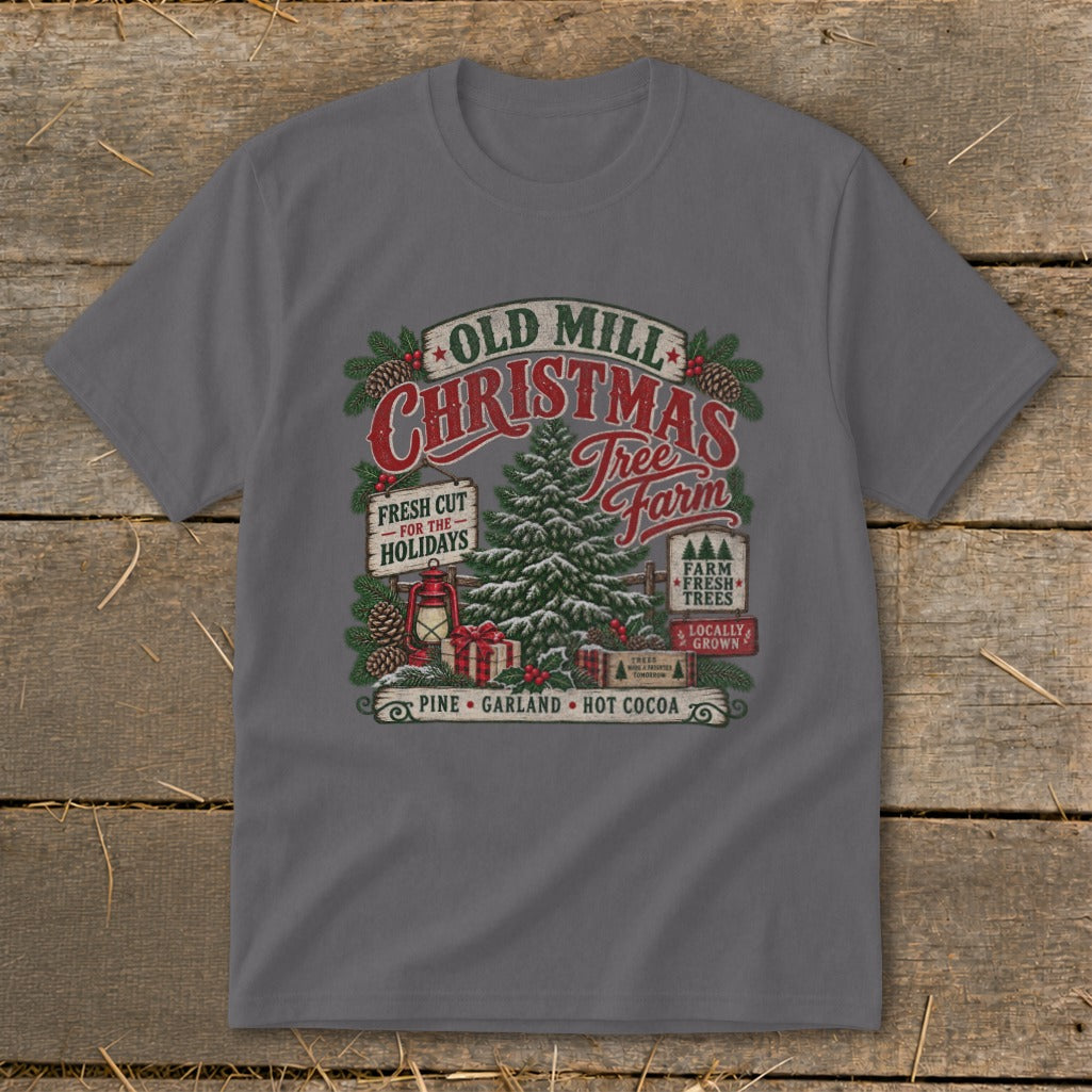Old Mill Christmas Tree Farm graphic with a tree, gifts, and festive text.