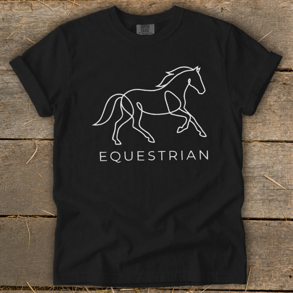 Black t-shirt with white line art of a running horse and the word EQUESTRIAN.
