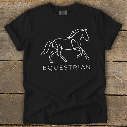 Black t-shirt with white line art of a running horse and the word EQUESTRIAN.