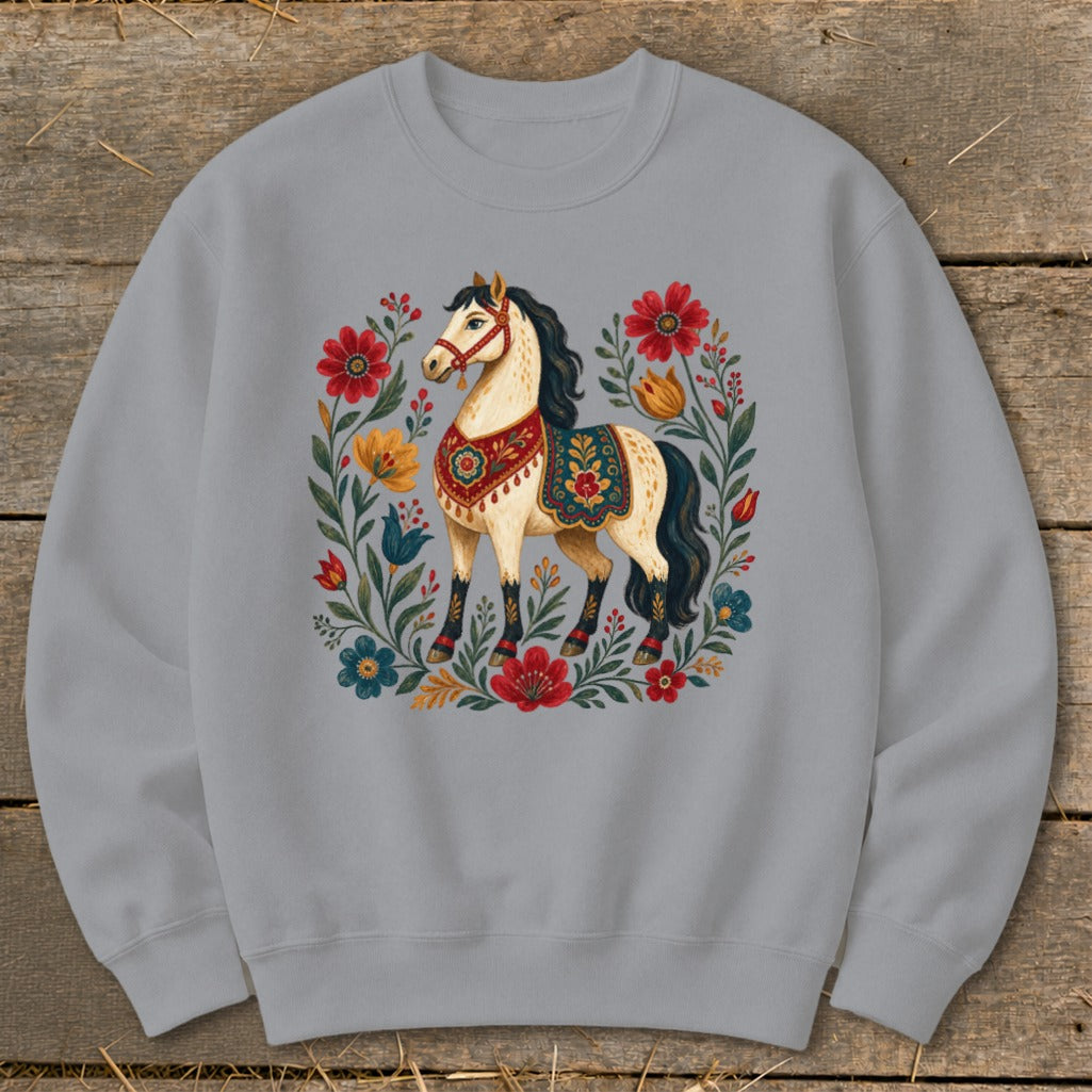 Light gray sweatshirt with a white horse and floral wreath design.
