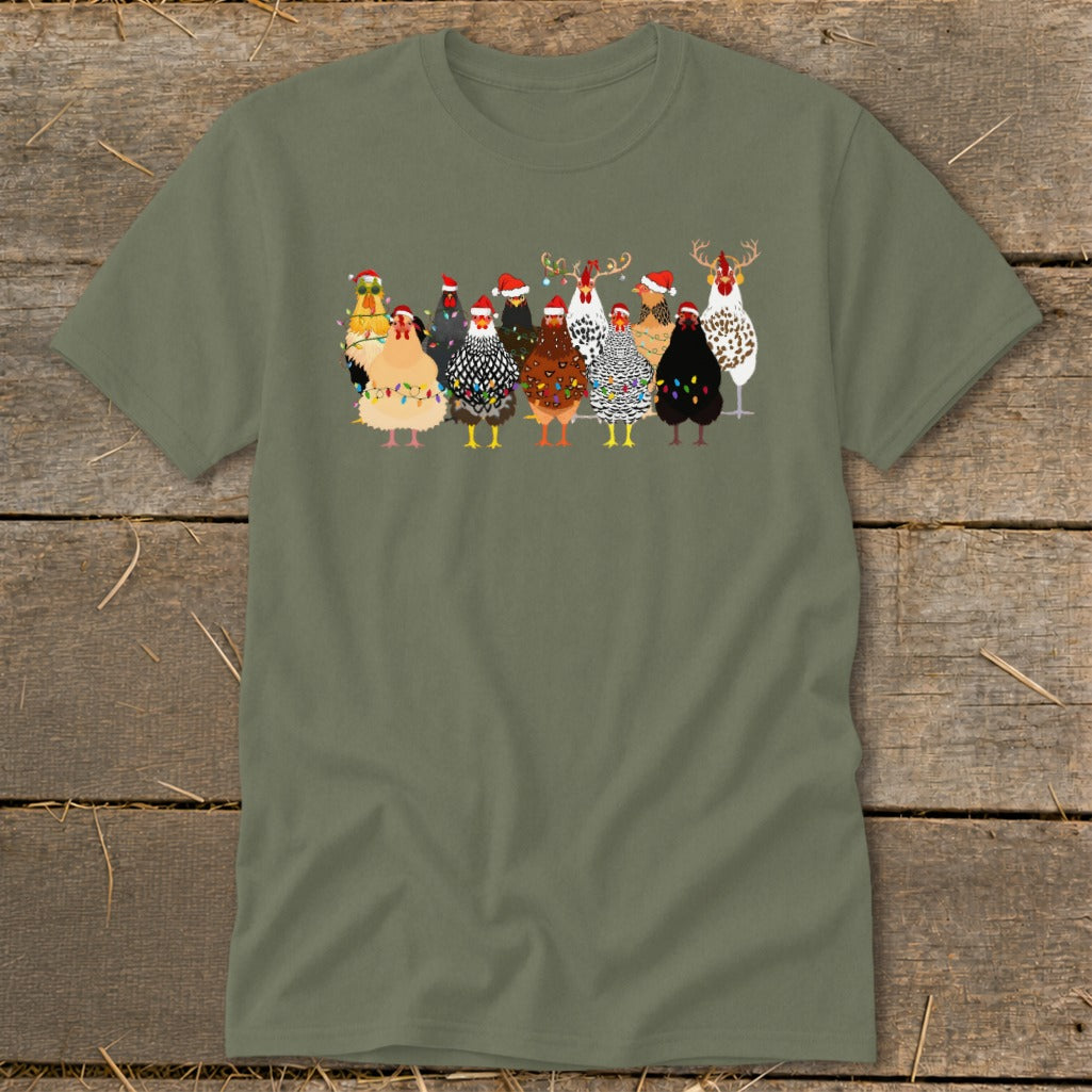 Line of festive chickens wearing Santa hats and adorned with Christmas lights.