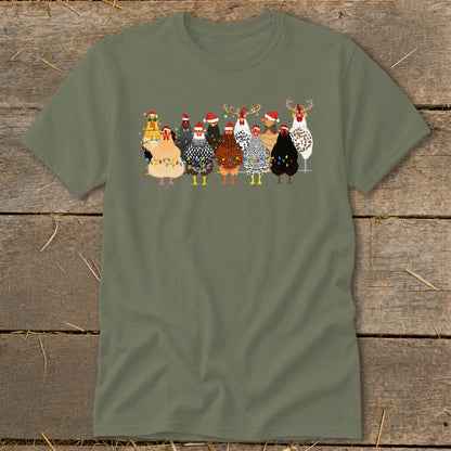 Line of festive chickens wearing Santa hats and adorned with Christmas lights.