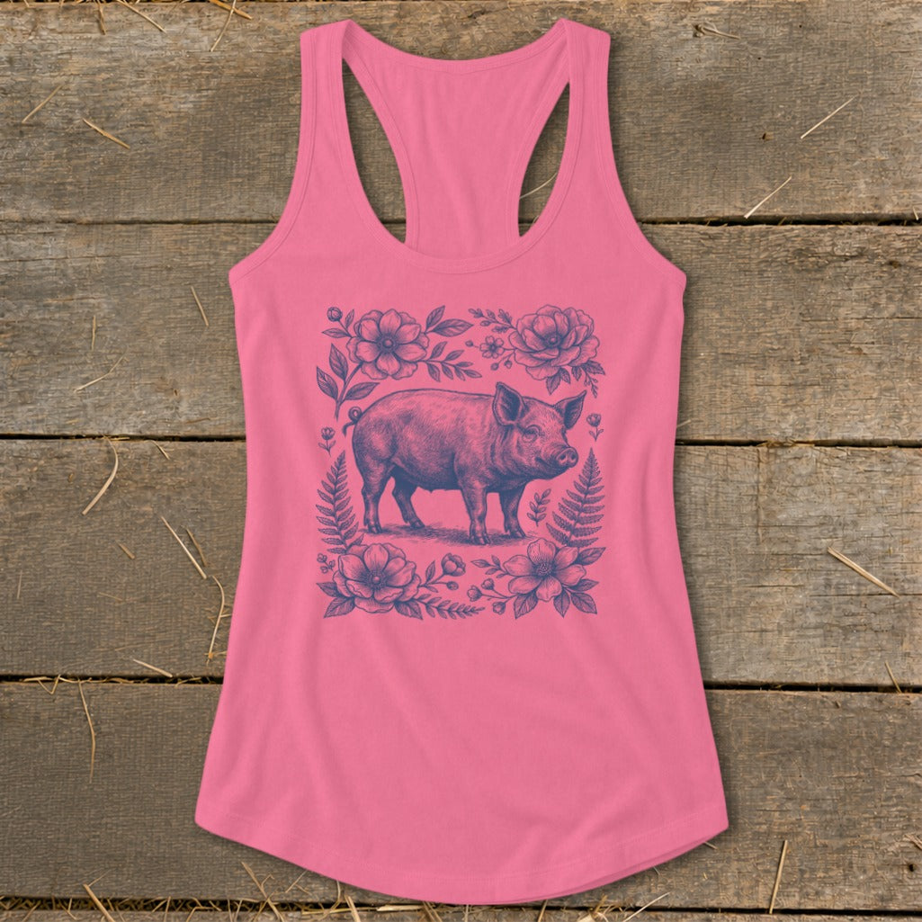 Pink racerback tank top with a vintage pig and floral illustration.