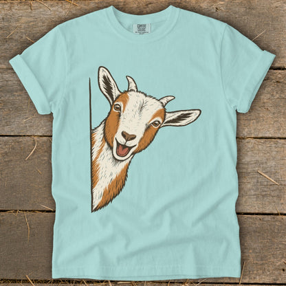 Light blue t-shirt with a cartoon goat peeking from the side, smiling.