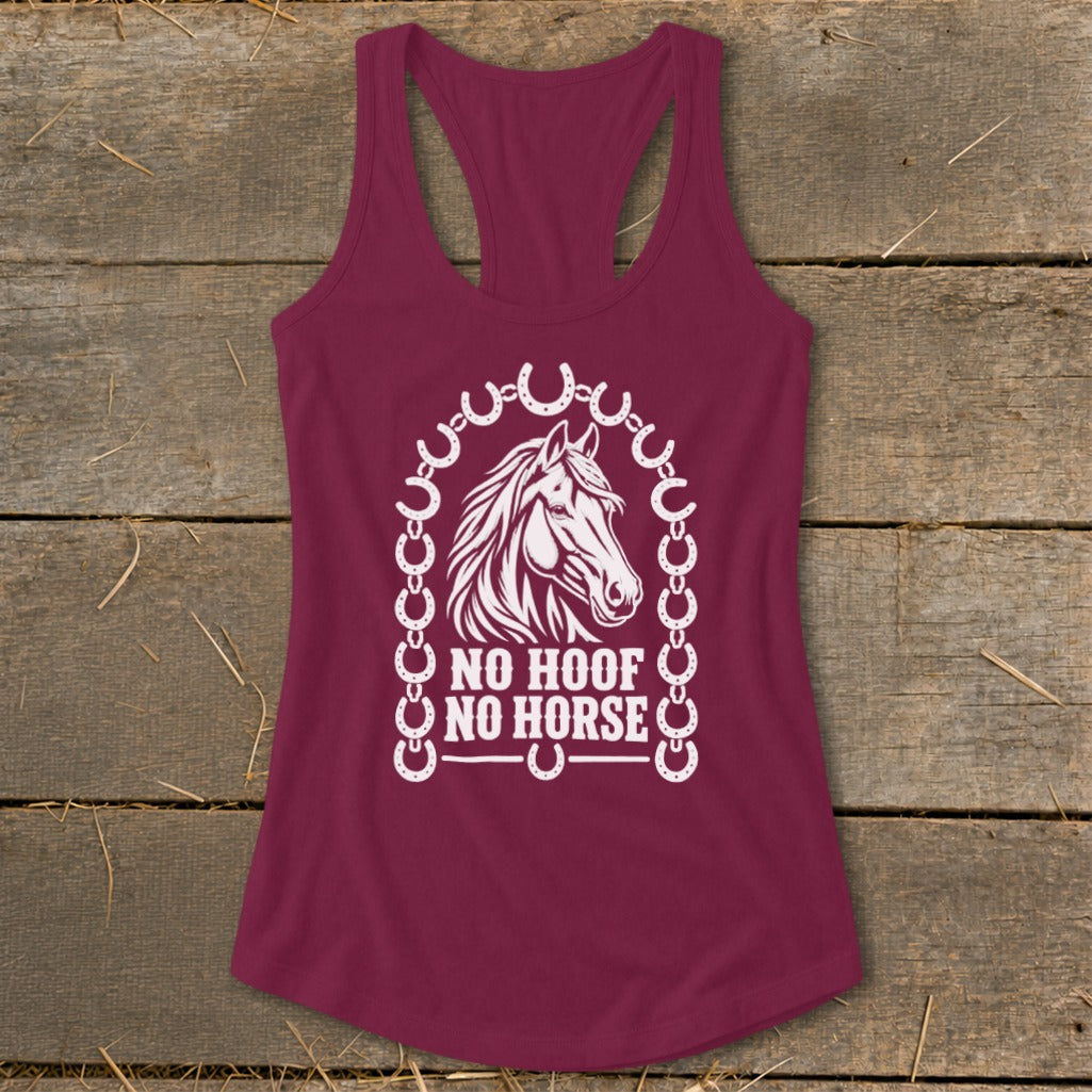 Maroon tank top with horse head graphic and "NO HOOF NO HORSE" text.
