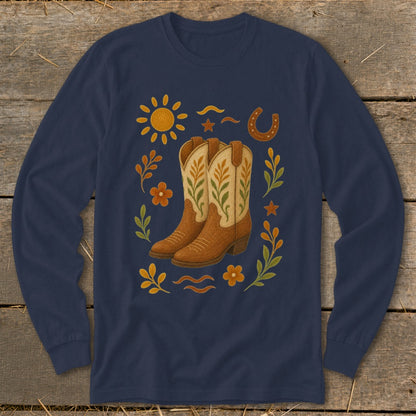 Navy long-sleeve shirt with cowboy boots, sun, horseshoe, and floral design.