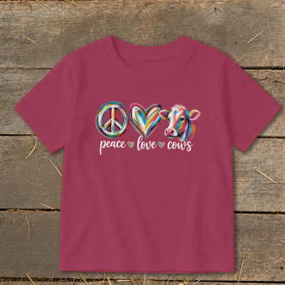 Crimson t-shirt with peace sign, heart, and cow graphic; text reads "peace love cows".