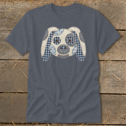 T-shirt with a patchwork dog face applique made of gingham and floral fabric.
