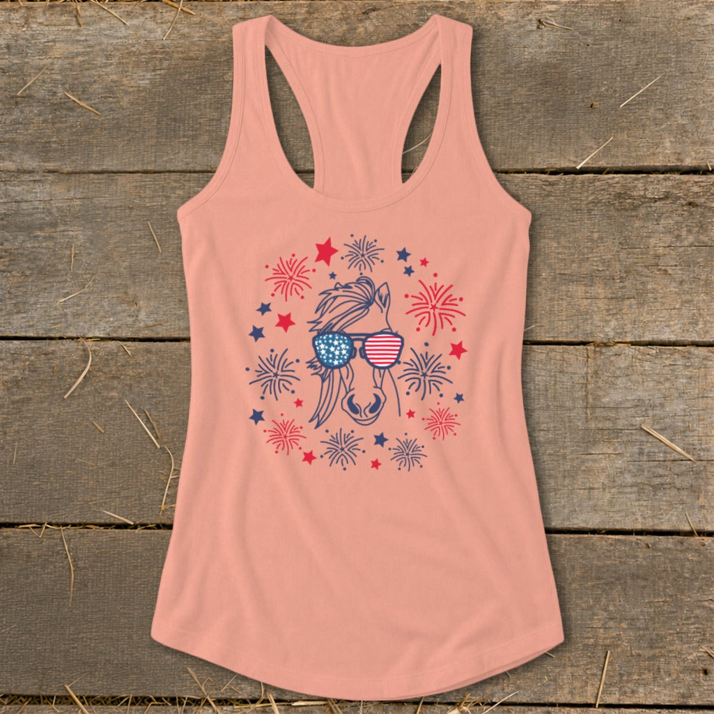 Pink tank top with a horse wearing American flag sunglasses and surrounded by fireworks.