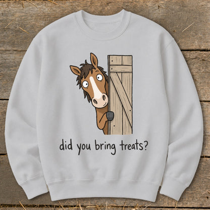 Light grey sweatshirt with a cartoon horse peeking from behind a wooden gate that says "did you bring treats?".