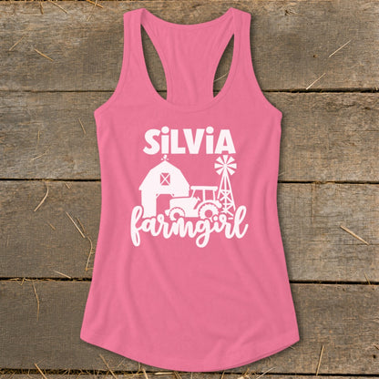 Pink tank top with "Silvia farmgirl" text and farm graphics.