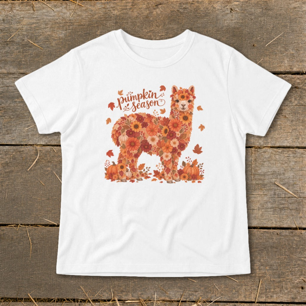 White t-shirt with a floral alpaca and "pumpkin season" text.