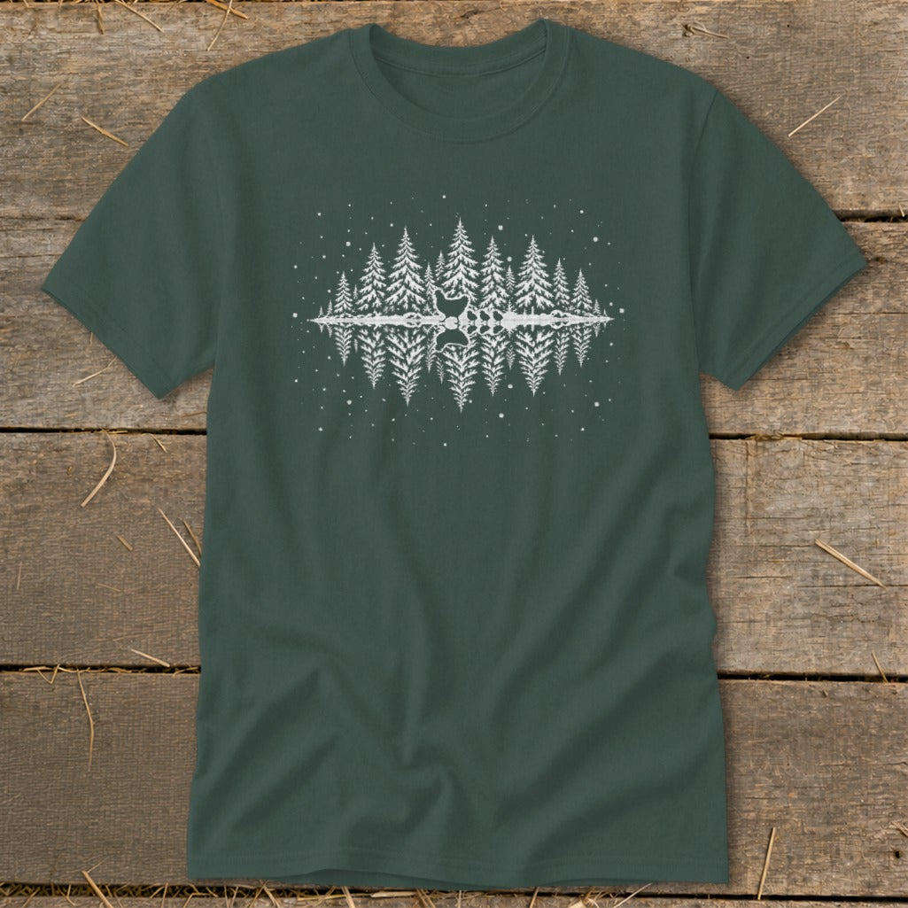 Dark green t-shirt with white graphic of pine trees, a deer, and reflection.