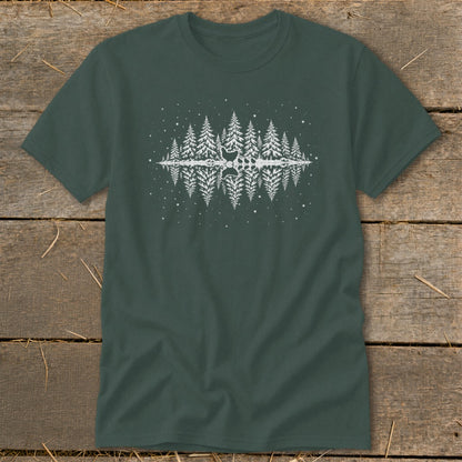 Dark green t-shirt with white graphic of pine trees, a deer, and reflection.
