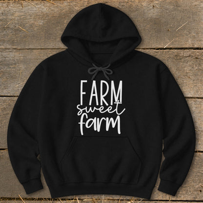 Black hoodie with white text that reads "FARM sweet farm".